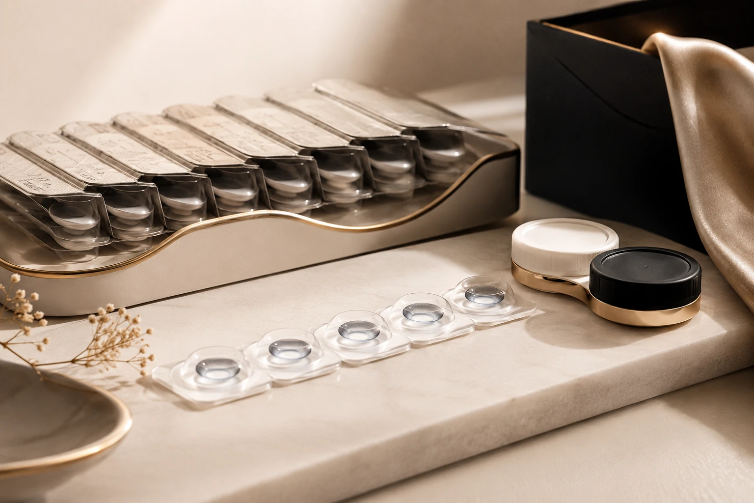 Clean handling setup with contact lenses, lens case and solution bottle for Pure Optics.