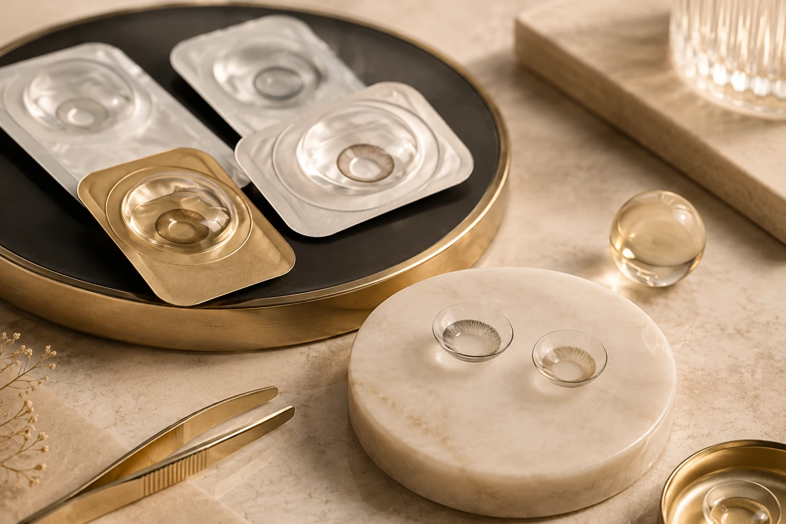 Contact lenses and blister packaging arranged to represent correct fit for Pure Optics service card.