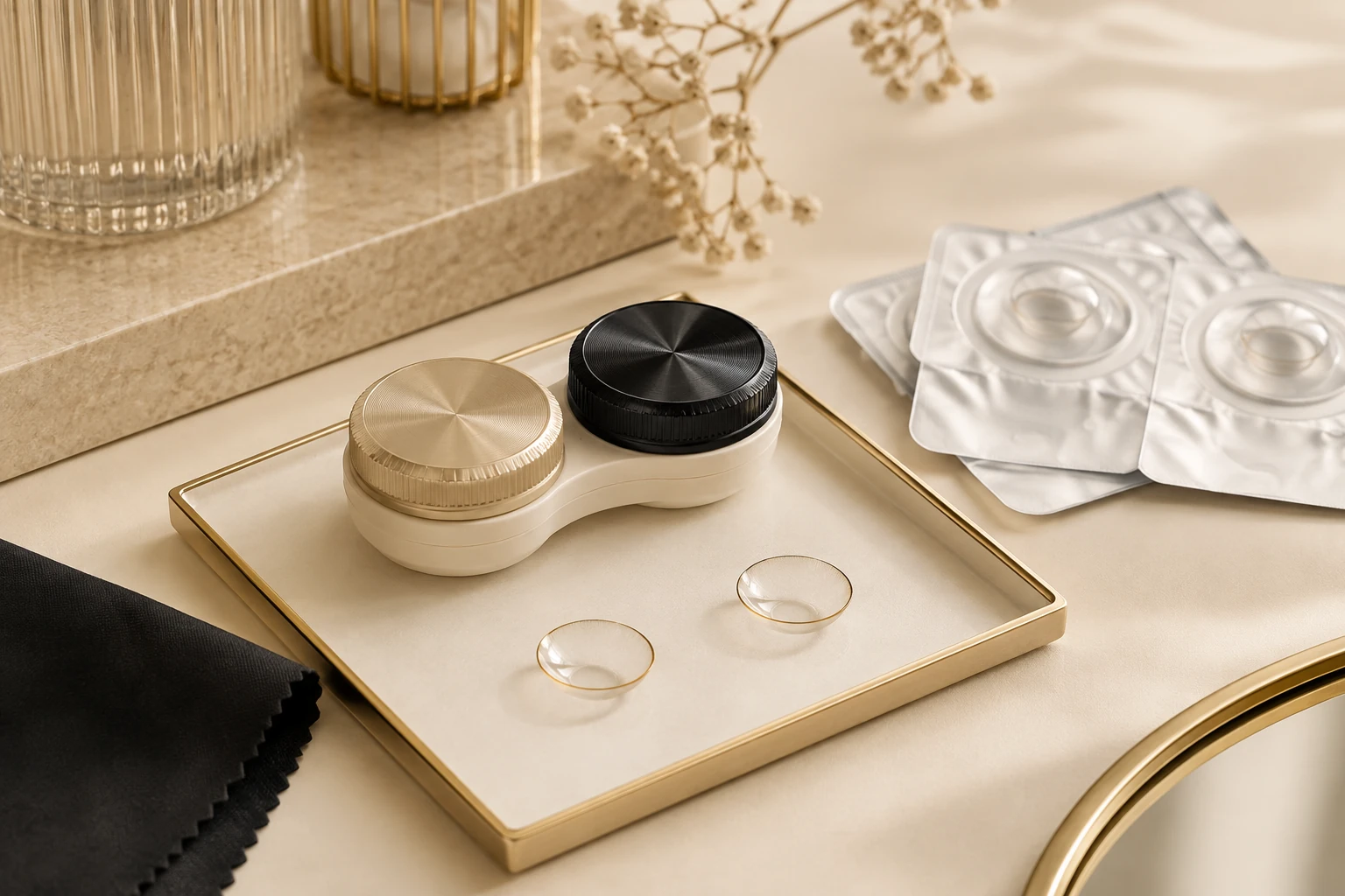 Contact lens case and blister packs representing replacement schedule guidance at Pure Optics.