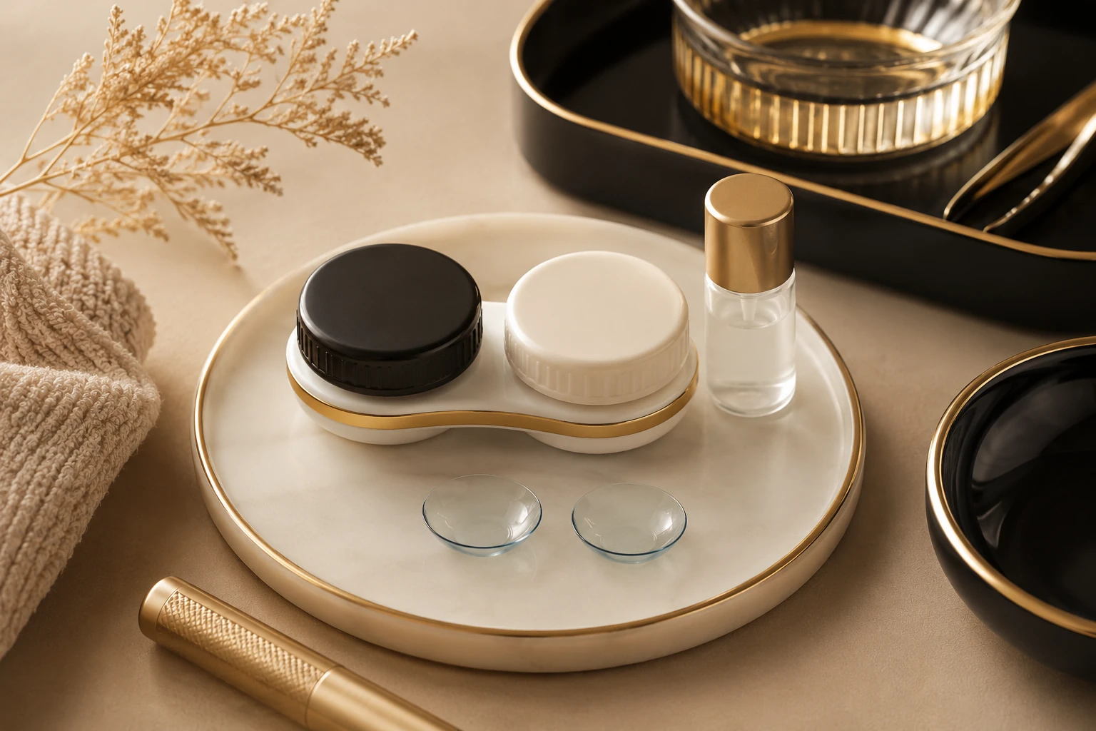 Contact lens care products and vanity setup representing healthy wear behaviour for Pure Optics.