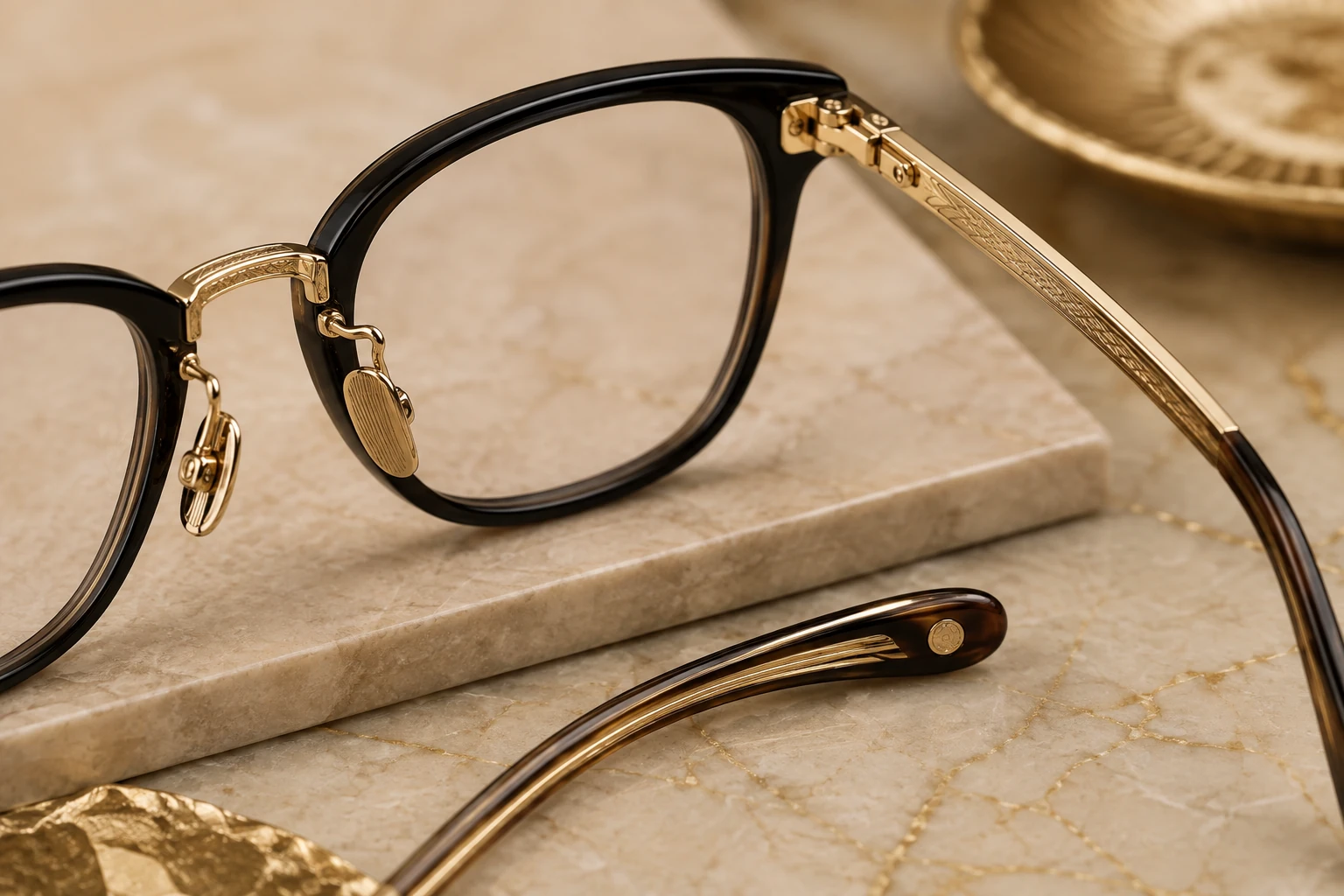 Close-up of optical frame bridge and temples with gold detailing for Pure Optics.