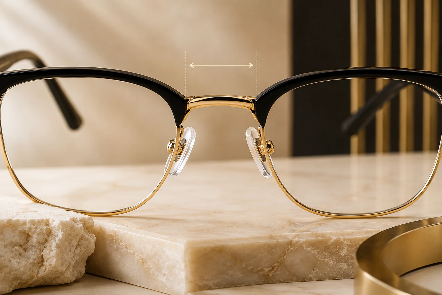 Close-up of eyeglass bridge width with visual measurement guide for Pure Optics.