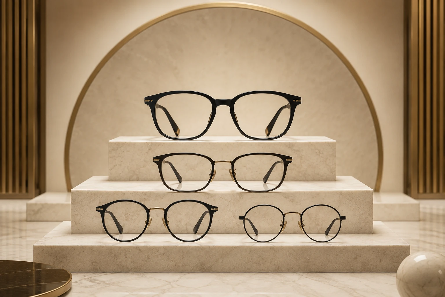 Optical frames displayed on sculpted stone to illustrate frame proportion at Pure Optics.