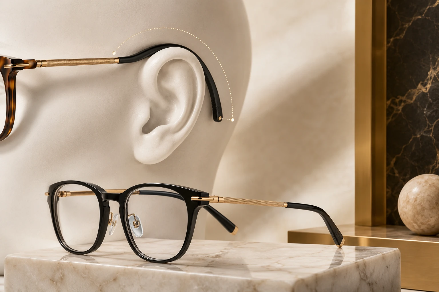 Optical frame temple length and ear fit showcase for Pure Optics service card.