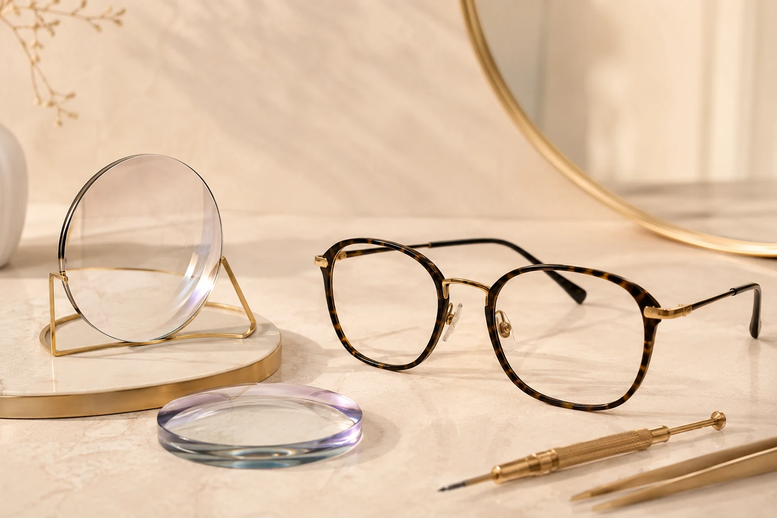 Eyeglasses with lens samples and accessories representing frame suitability for prescriptions at Pure Optics.