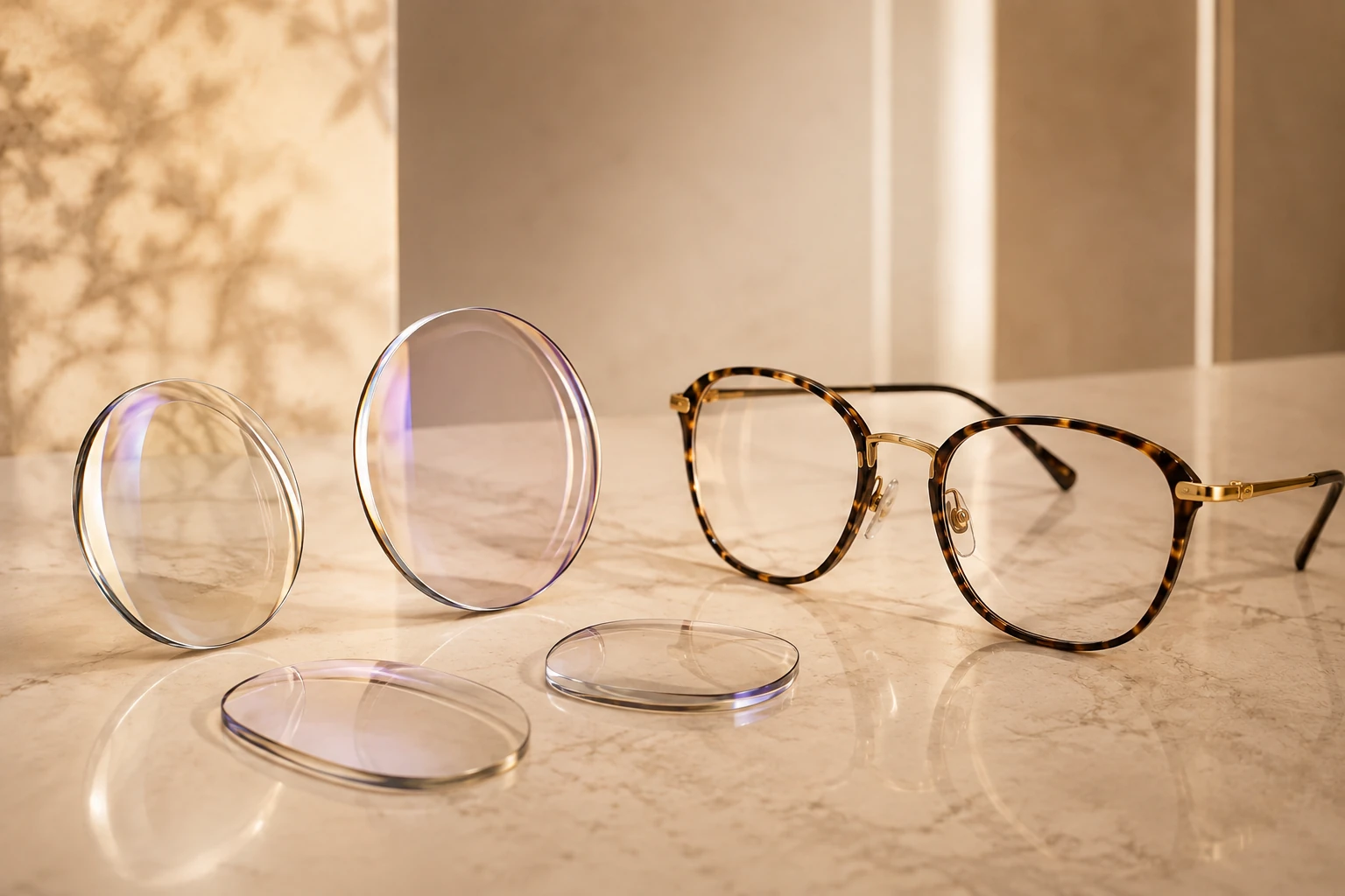Different lens design options displayed with premium eyewear for Pure Optics prescription glasses page.