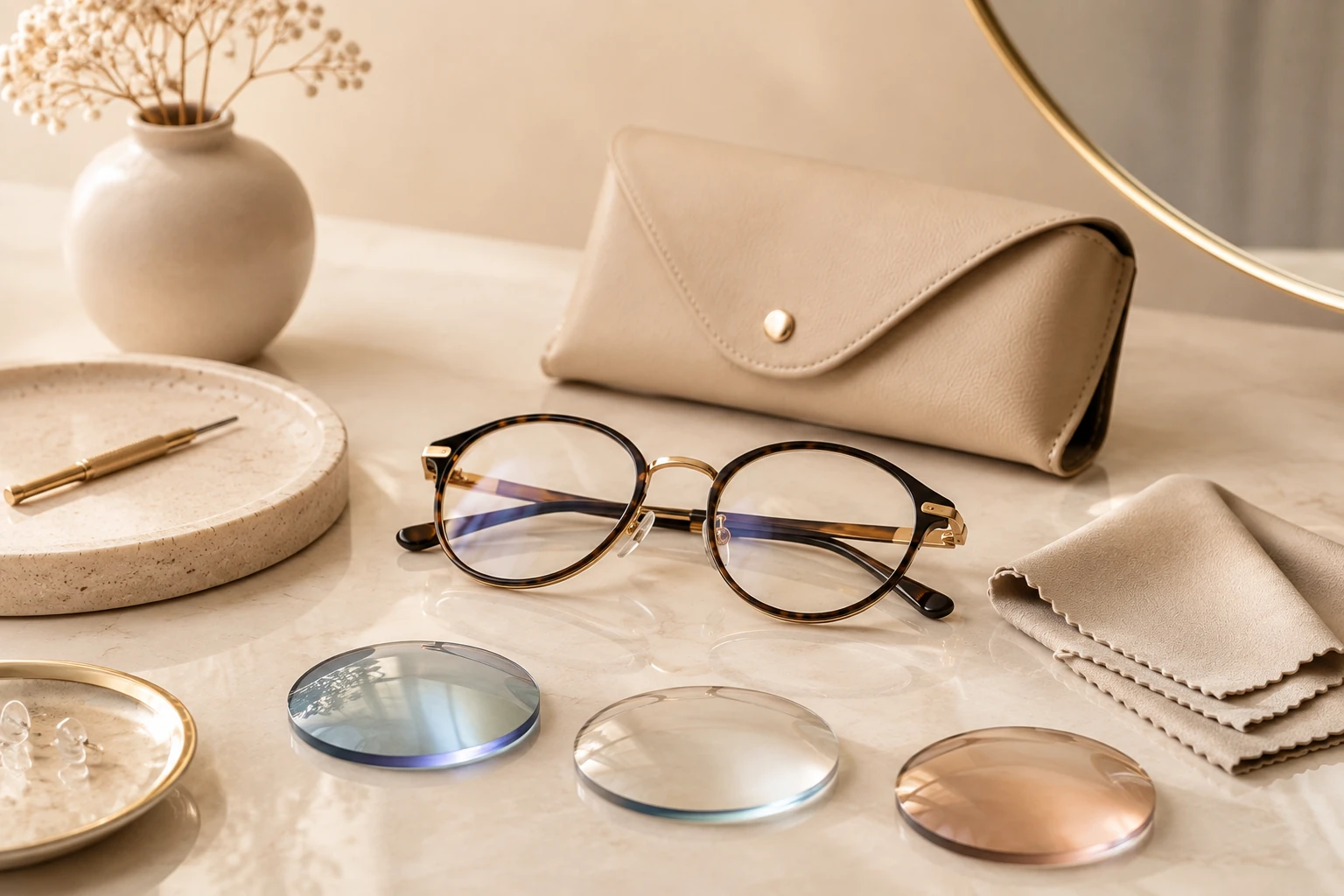 Premium eyewear with optical tools and lens accessories for Pure Optics add-ons guidance card.