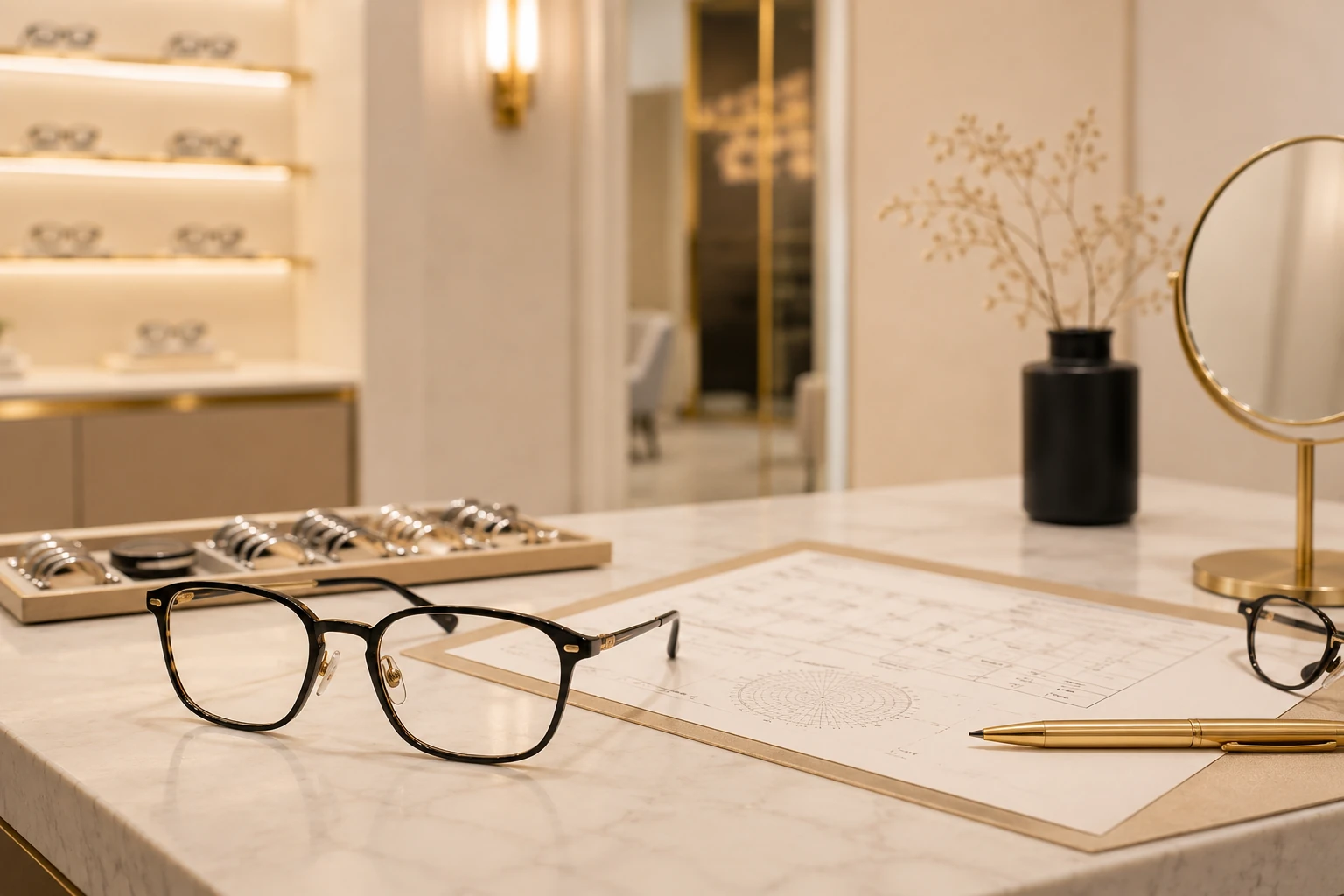 Optician desk with prescription planning setup for Pure Optics prescription glasses service card.