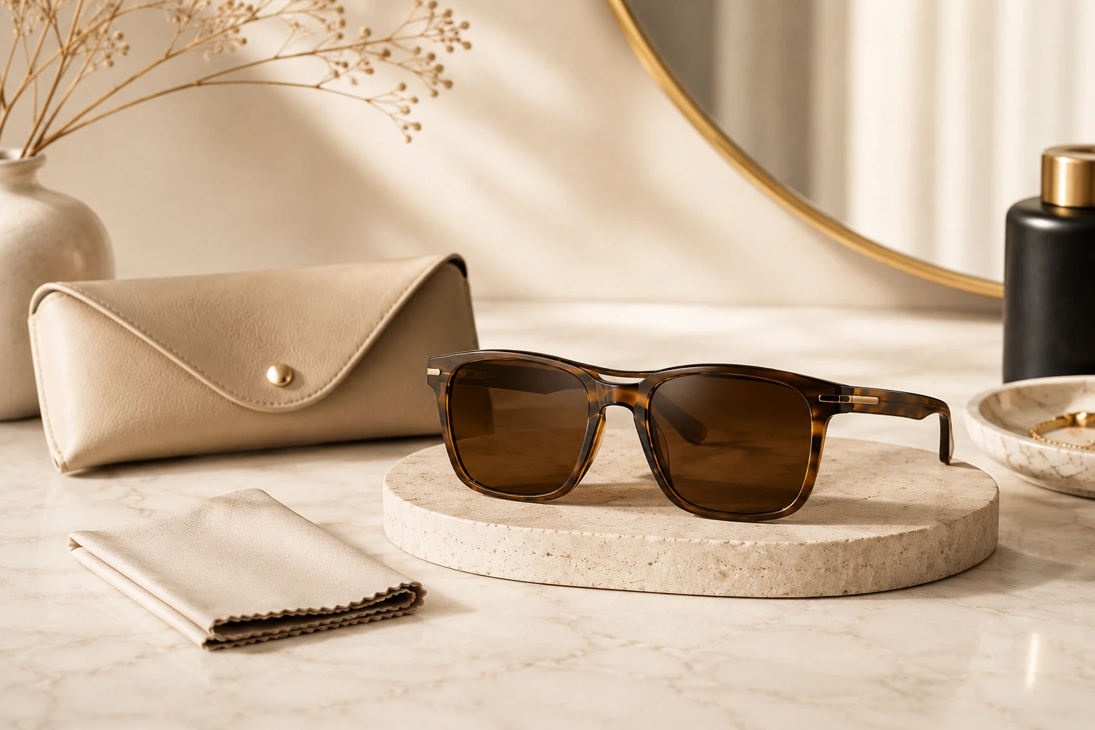 Comfort-focused premium sunglasses still life with case and cleaning cloth for Pure Optics service card.