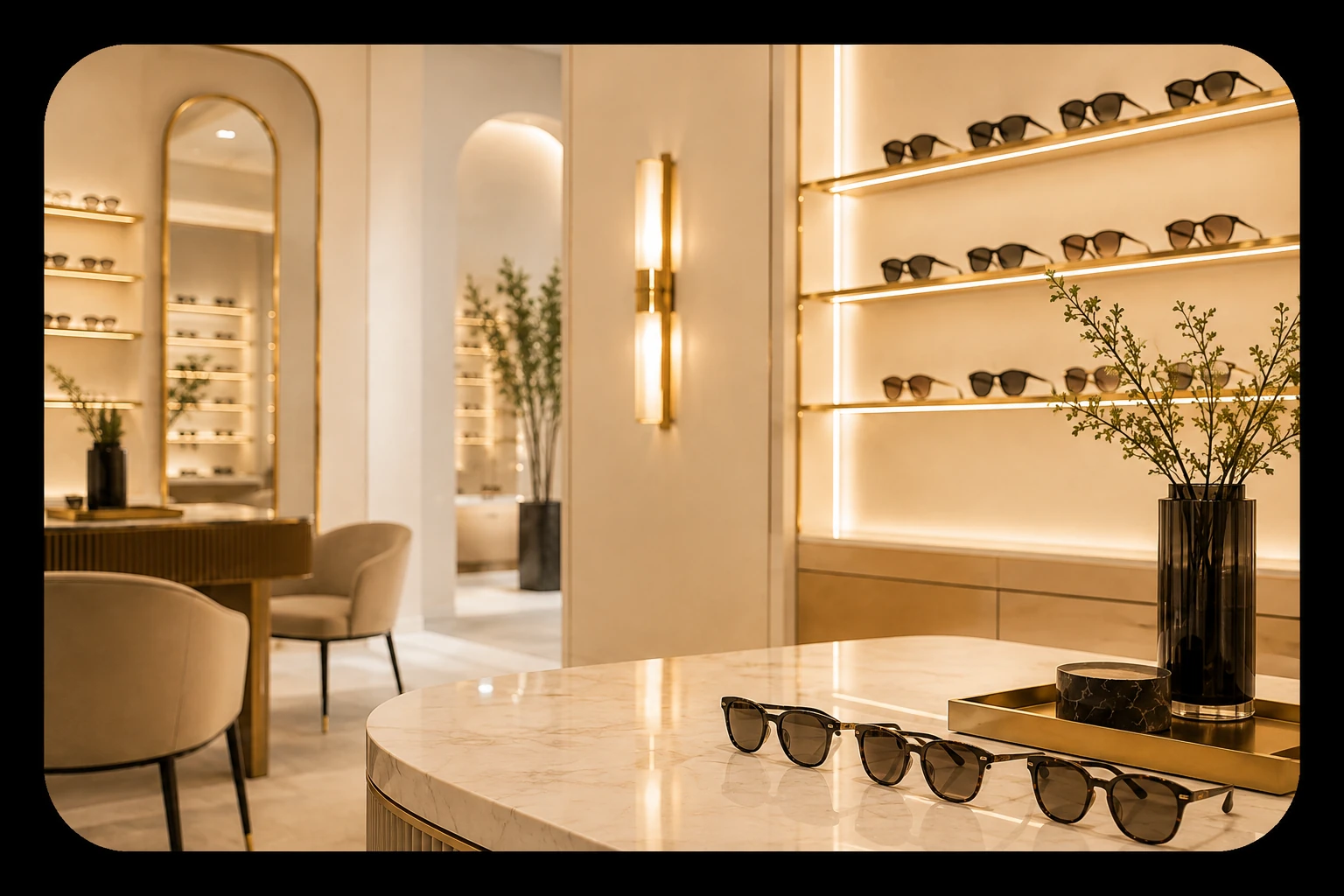 Luxury sunglasses showroom interior for Pure Optics service card.