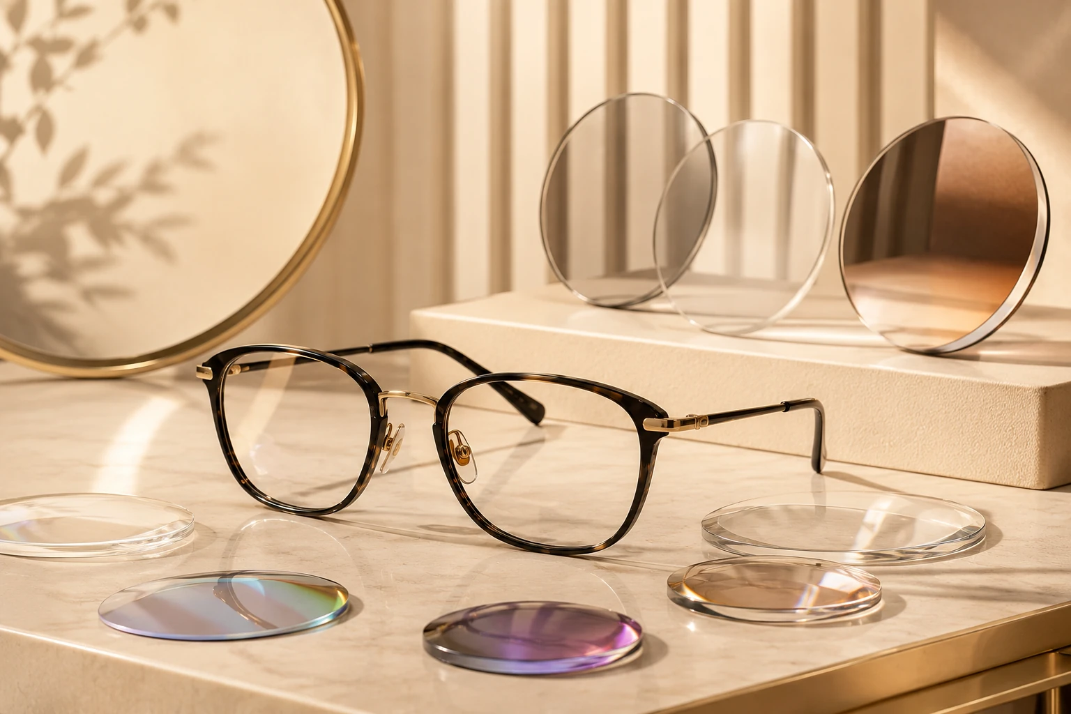 Stylish sunglasses collection arranged on marble display for Pure Optics service card.